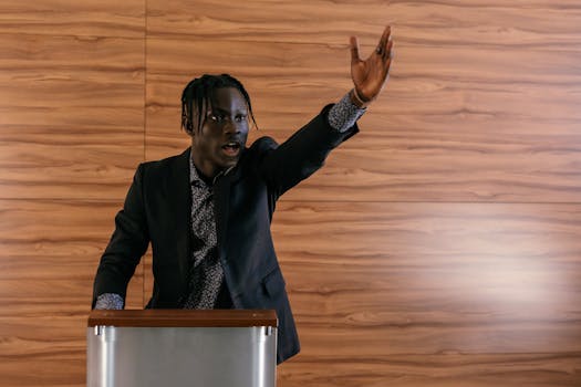 a confident lawyer speaking at a conference